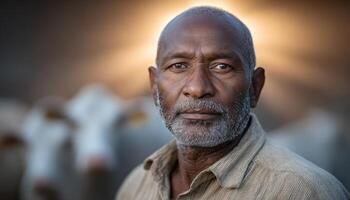 Old indian farmer in cotton clothes standing with cattle rural india portrait photography natural light photo