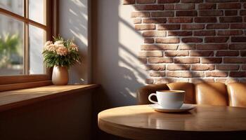 Savoring a serene coffee experience in a cozy brick lifestyle photography with natural light photo