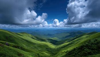 Breathtaking panoramic view of rolling green hills under dramatic clouds nature landscape photo
