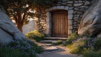 Rustic entrance with old wooden door stone wall morning light natural setting photo