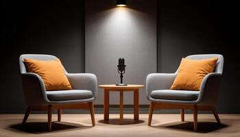 Stylish podcast room with cushioned seats and high-fidelity microphone modern design indoor setting photo