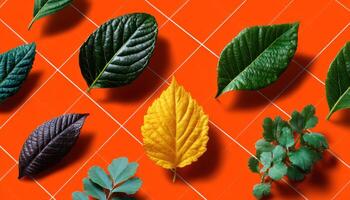 Silhouette of diverse leaves in uniform grid on vibrant background nature art close-up view photo