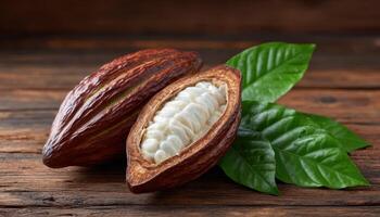 Cocoa pod opened on wooden surface natural environment close-up warm lighting photo