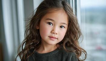 Thoughtful girl gazing out window indoor setting portrait natural light soft mood photo