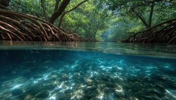 Exploring tropical mangrove roots in brackish water ecosystem nature photography underwater view photo