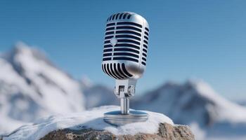 Classic microphone on snowy mountain peak captivating landscape photography photo