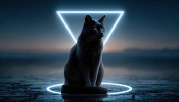 Mystical black cat sitting in glowing geometric shape dark environment artistic concept photo