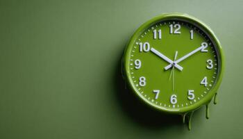 Surreal clock with melting numbers green background conceptual art distorted time close-up view photo
