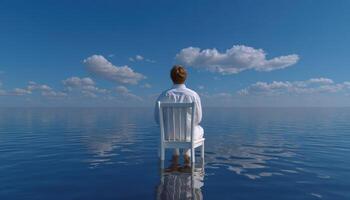 Person sitting on a floating chair in the middle of the ocean dreamlike landscape serene environment photo