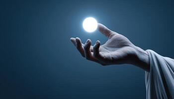 Elegant hand reaching for glowing orb abstract concept dark background artistic viewpoint photo