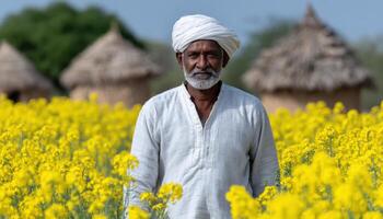 Aged indian farmer walking through mustard fields rural india landscape photography vibrant environment photo