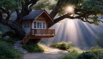 Bright sun rays illuminating a cozy treehouse in a tranquil forest landscape photo