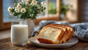 Morning breakfast scene with sliced bread and milk in a minimalist kitchen environment photo