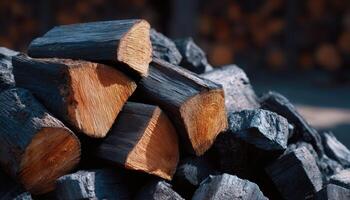 Charcoal pile with natural wood texture bright sunlight outdoor setting high-quality image photo