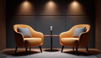Cozy podcast setup with twin cushioned chairs studio photo indoor front view comfort