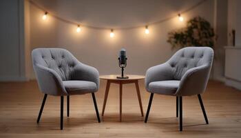 Cozy podcast setup with twin upholstered chairs and microphone serene room interior view photo