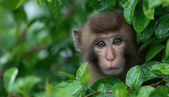 Curious rainforest monkey hanging from vine in vibrant jungle nature photography close-up view photo
