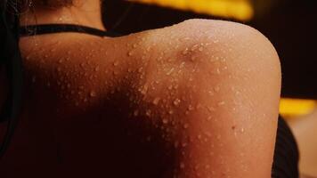 Enjoy Warm In Bathhouse, Lady Relaxing In Steam Bath, Close Up View Of Female Shoulder With Sweat video