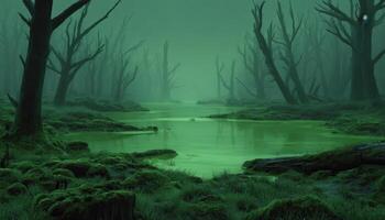 Eerie swamp with twisted dead trees water reflections mysterious atmosphere photo