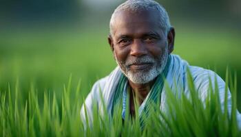 Elderly indian farmer working in lush green rice field india portrait photography rural environment photo