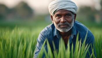 Elderly indian farmer tending rice crop lush green fields portrait rural india agriculture photo