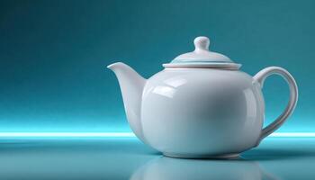 Elegant white porcelain teapot on mirrored surface studio setting interior design minimalist style photo