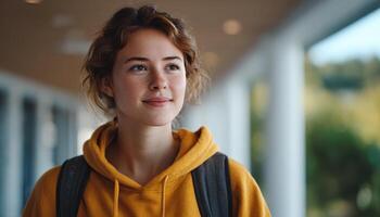 Female student walking through campus corridor university photography bright environment upbeat mood photo