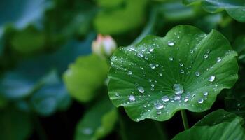 Morning water droplets bouncing on lotus leaf nature close-up tranquil environment photo