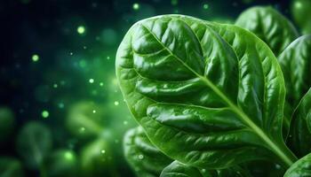 Macro fresh spinach leaf with veins and light spots in nature close-up photograph green background photo