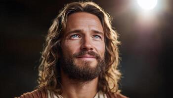 Radiant jesus christ with gentle smile closeup portrait divine glow peaceful setting photo