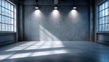 Industrial space showcase faded wall clean lines natural light modern aesthetic photo