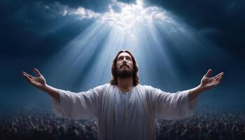 Jesus blessing a crowd under rays of sunlight spiritual gathering outdoor setting inspirational vision photo