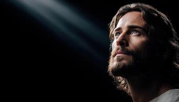 Jesus christ illuminates darkness spiritual reflection studio setting hopeful perspective photo