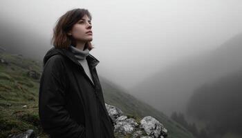 Woman standing on rocky cliff foggy landscape inspirational photography nature side view photo