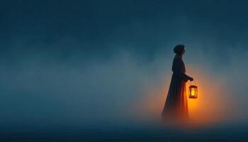 Mysterious woman with lantern in foggy forest at dusk captivating portrait ethereal atmosphere photo