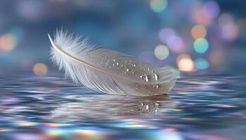 Floating feather with water droplets close-up glass surface tranquil environment serenity concept photo