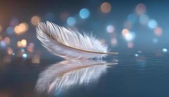 Delicate feather floating above glass surface soft bokeh background macro photography photo