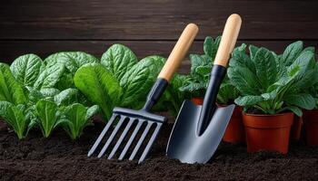 Garden tools resting beside young vegetable plants in a peaceful home garden environment photo