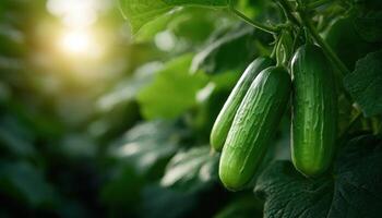Harvesting fresh organic cucumbers in sunlit greenhouse garden photo