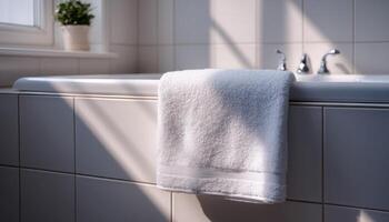 Morning sunlight illuminates bath towel over white bathtub in cozy bathroom setting photo