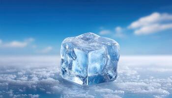 Translucent ice block with cracks clear sky product photography cold environment close-up view photo