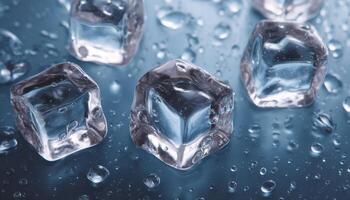 Macro shot of transparent ice cubes with intricate cracks on blue surface photo