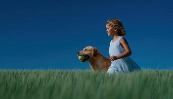Girl playing fetch with her dog in a green field under clear blue sky photo