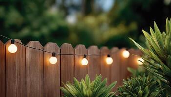 Enchanting garden fence adorned with warm string lights lush green surroundings evening glow photo