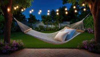 Relaxing evening in a garden hammock softly lit by string lights peaceful atmosphere photo