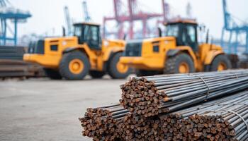 Construction equipment and iron rods bundled neatly at port industrial setting aerial view photo