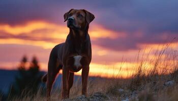 Majestic silhouette of dog on hilltop against vast sky at sunset natural landscape serene view photo