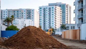 Early morning construction scene with dirt mound urban environment uneven surface photo