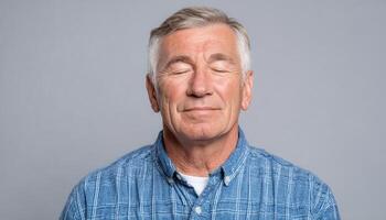 Elderly man praying with closed eyes in serene expression indoor setting portrait calm atmosphere photo