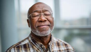 Elderly man praying with closed eyes serene expression indoor peaceful setting photo